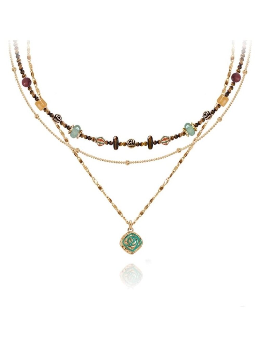 Boho Layered Beaded Pendant Necklace Gold Plated Copper Alloy Women's Jewelry